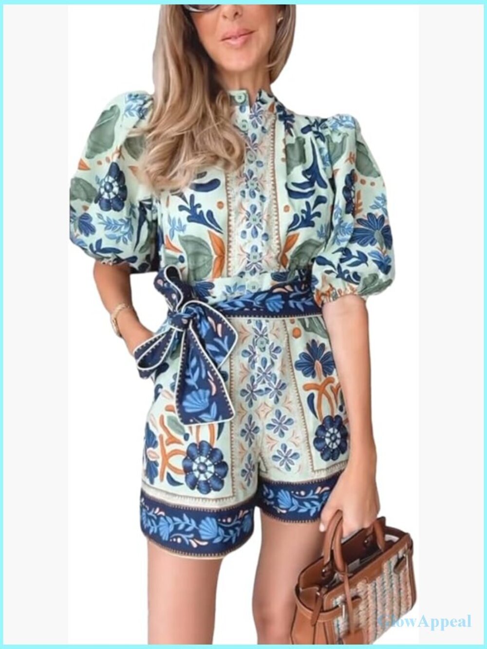 Boho Floral Print Puff Sleeve Romper Jumpsuit with Pockets